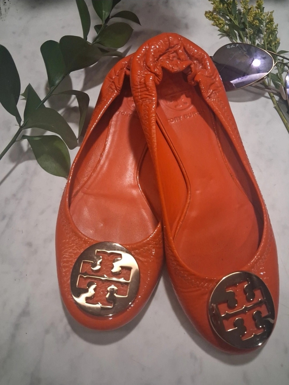 Tory Burch Orange Leather Logo Ballet Flats